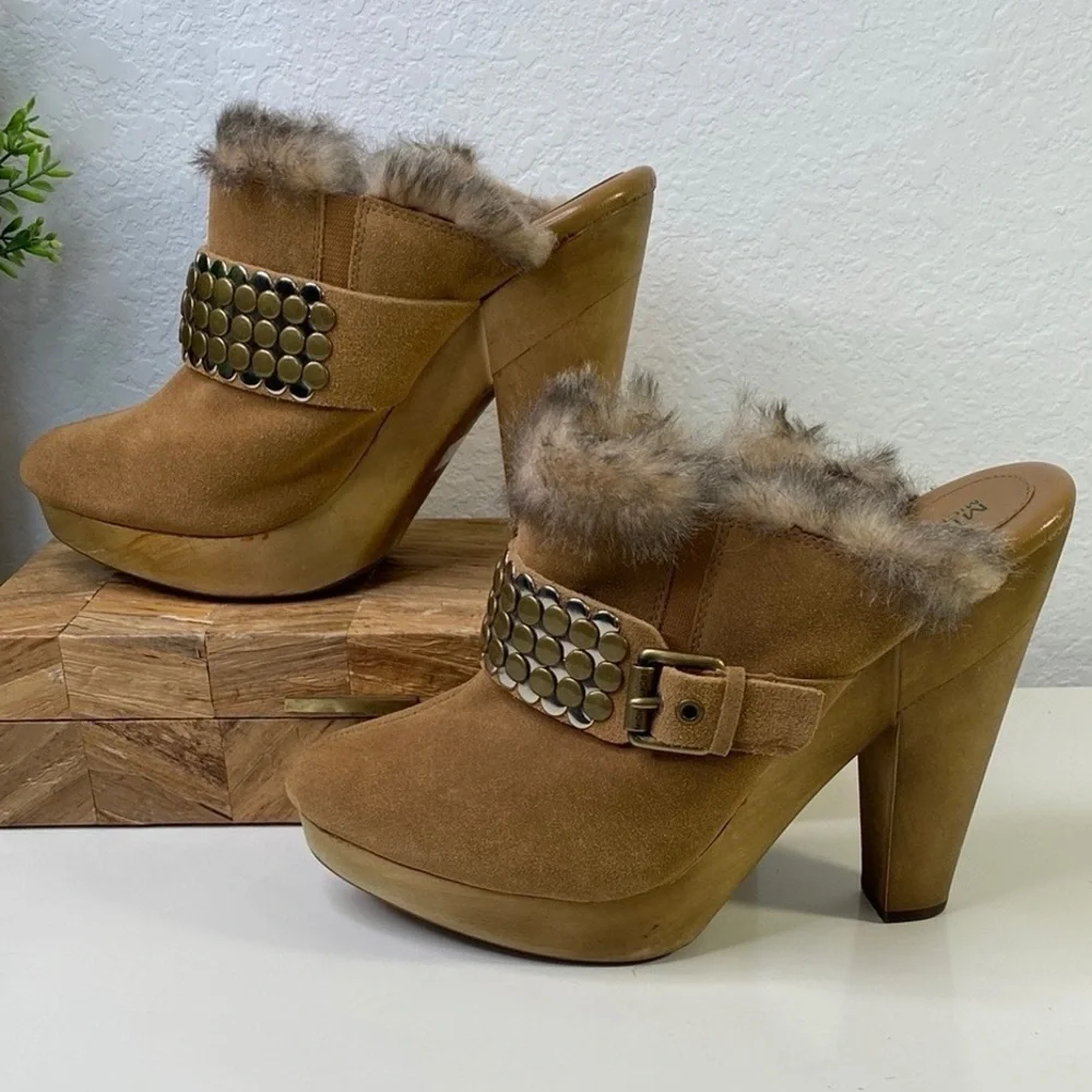 Clearance! Michael Kors‎ Tan Fur-Lined Studded Platform High Heel Mules Sz 9.5